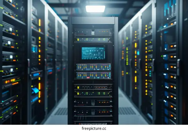 Server room with rows of server racks. 3D rendering