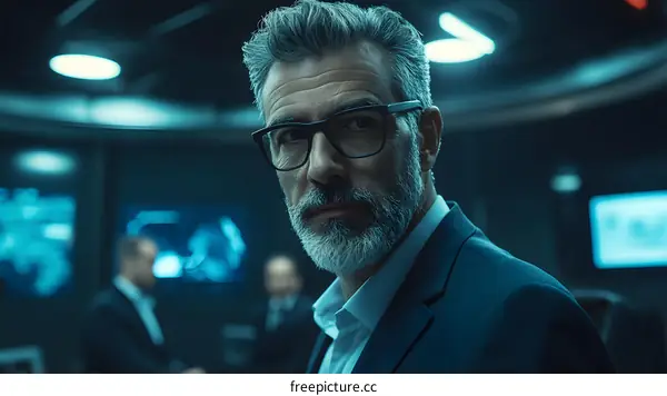 Serious Caucasian Man Looking at Camera in Office Setting