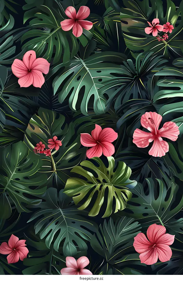 Tropical Leaves And Flowers Seamless Pattern