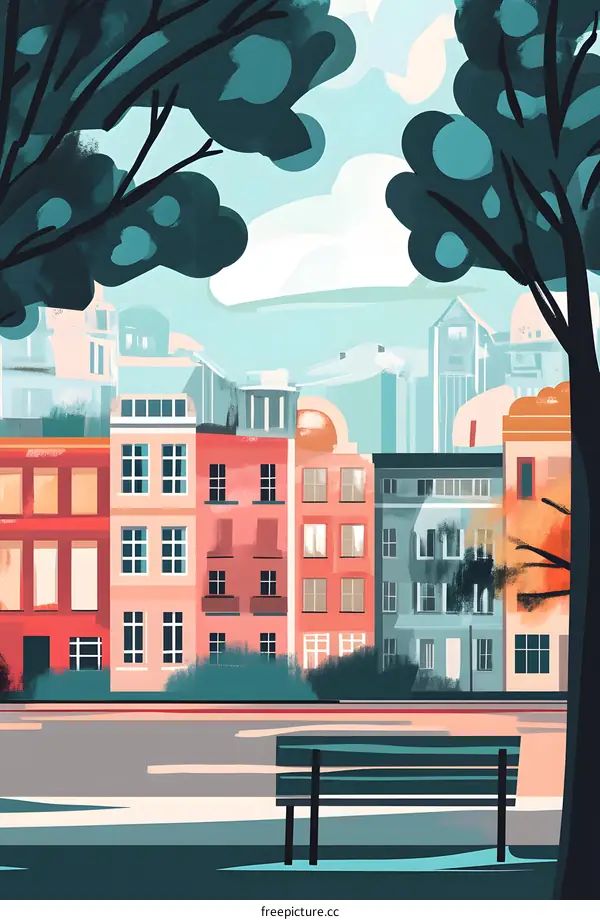 Cityscape Illustration With Bench and Trees