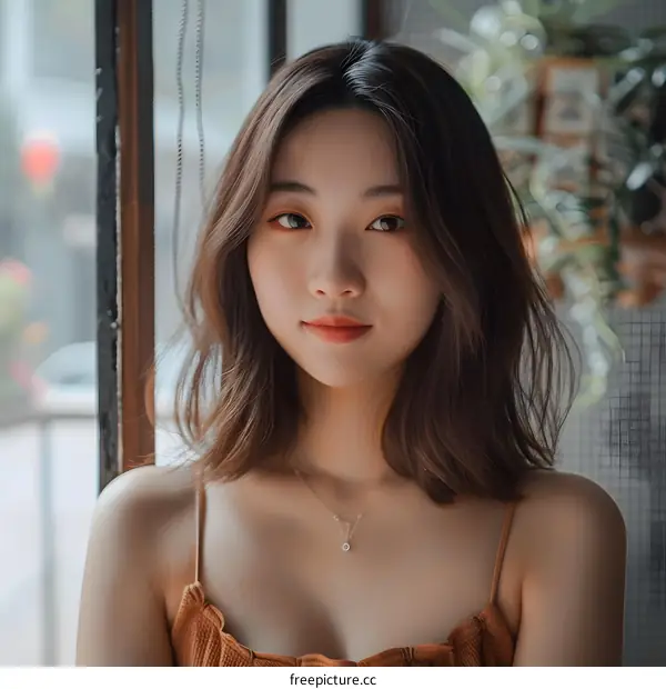 Portrait of a Young Asian Woman with Brown Hair and a Brown Tank Top