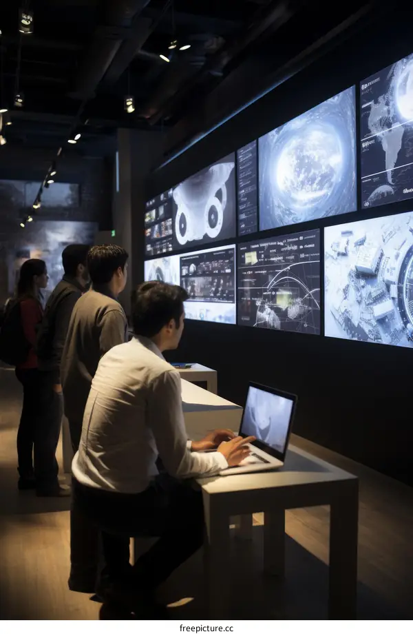 Group of diverse people looking at large data screens on a wall