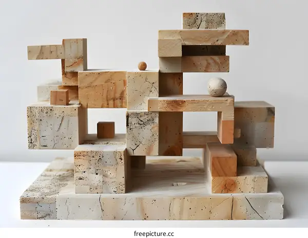 Wooden sculpture resembling a city