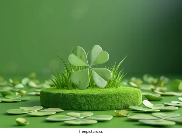 Green four-leaf clover on podium with grass and shamrocks
