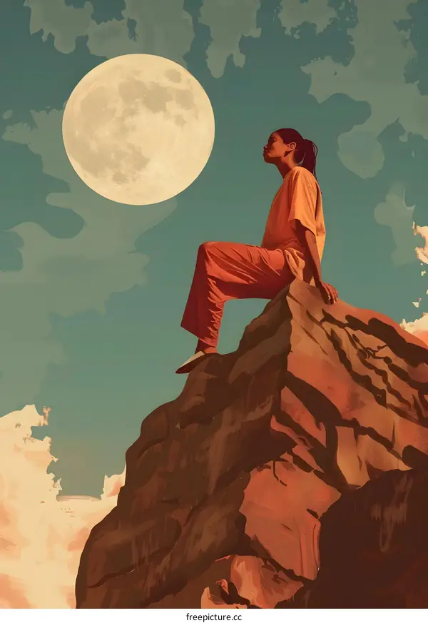 Woman Sitting On a Mountain Looking At the Moon