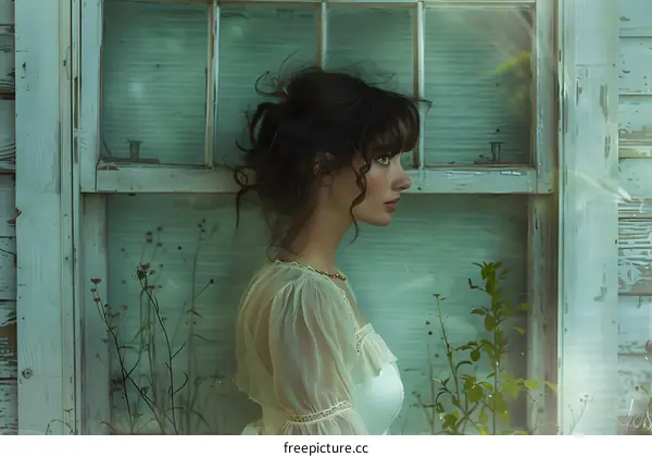 portrait of a girl in front of a rustic window