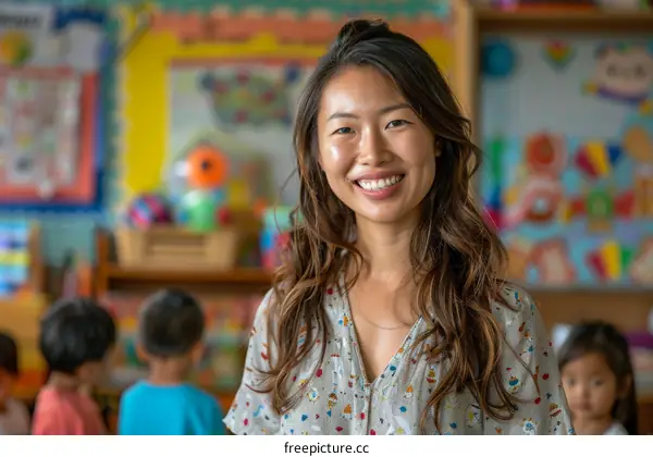 Asian female teacher smiling in classroom with blurred children in background