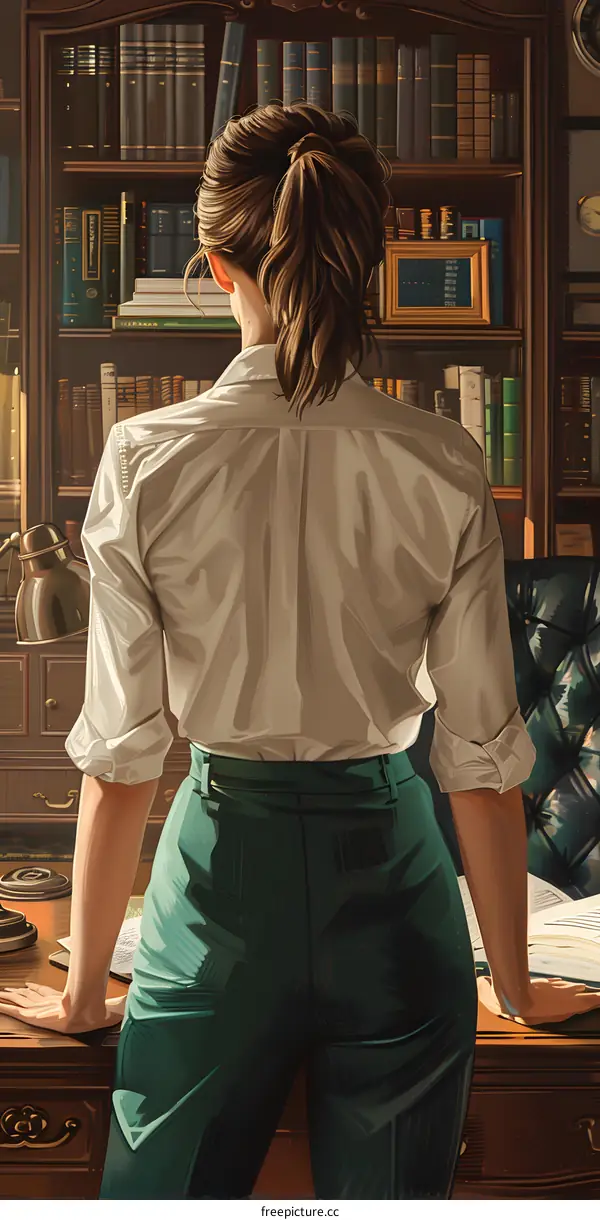 A woman standing in a library wearing a white shirt and green pants