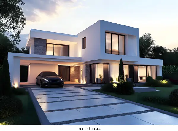 Modern Minimalist House Exterior Design with Stone Walls and Lush Greenery