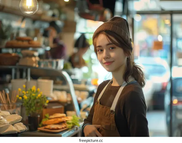 Portrait of a young woman wearing a brown apron and beanie