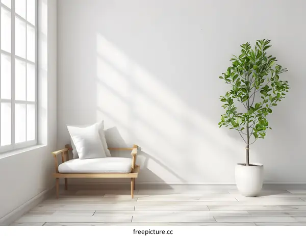 Minimalist Living Room with White Sofa, Plant and Window