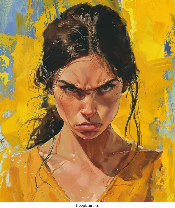portrait of a young woman with brown hair and brown eyes looking at the viewer with an angry expression on her face