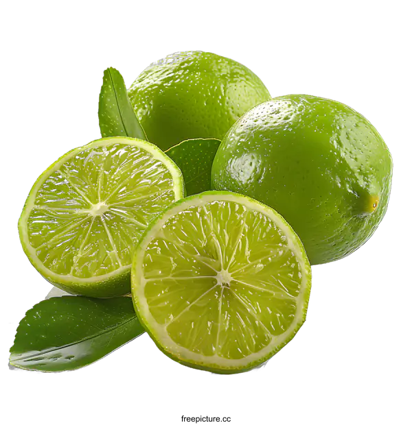 [Transparent Background PNG]Fresh green limes and leaves