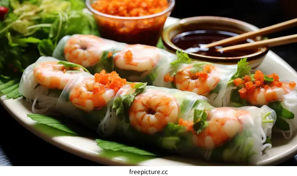 Fresh and delicious Vietnamese shrimp summer rolls with vegetables