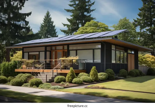Modern house exterior with solar panels