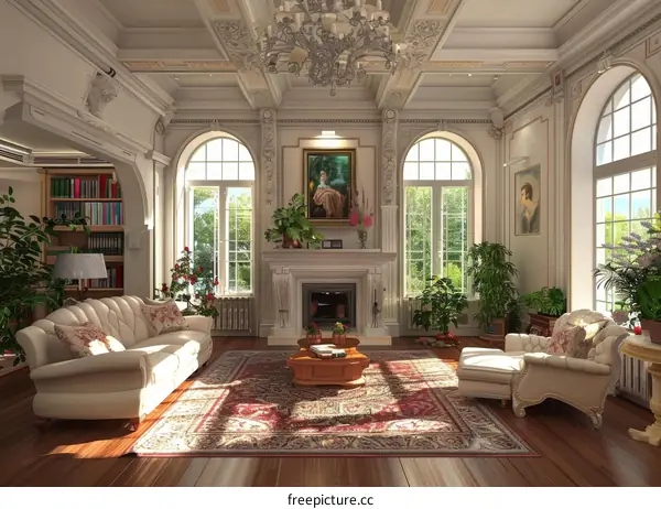 Luxurious Living Room with Ornate Decor and Chandelier