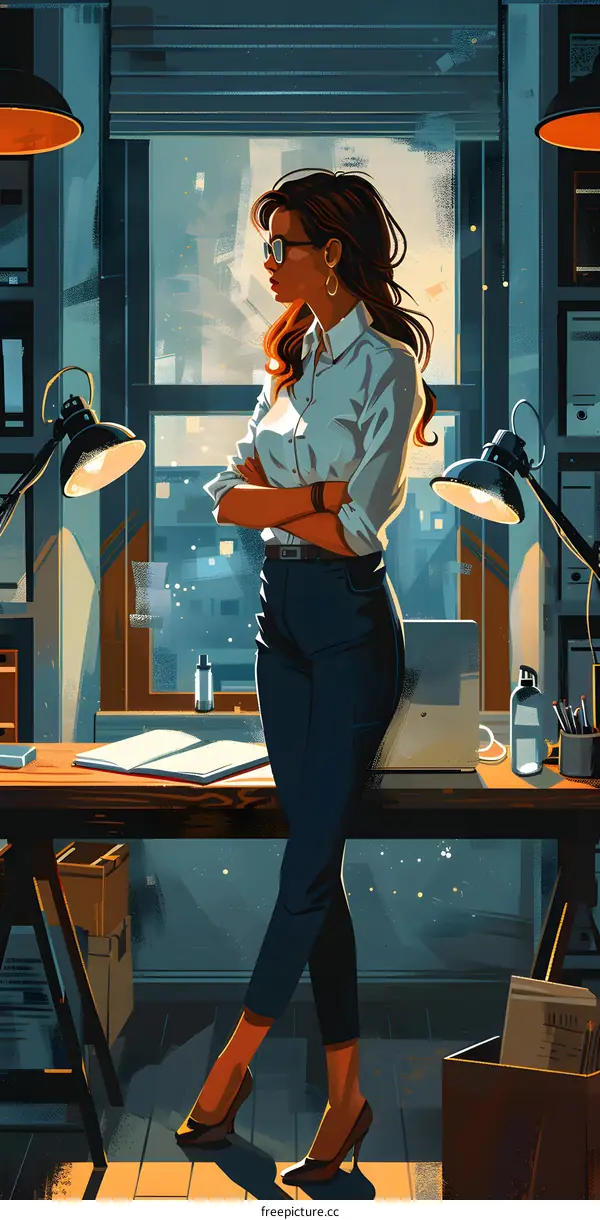 A businesswoman standing in front of a window looking at the city