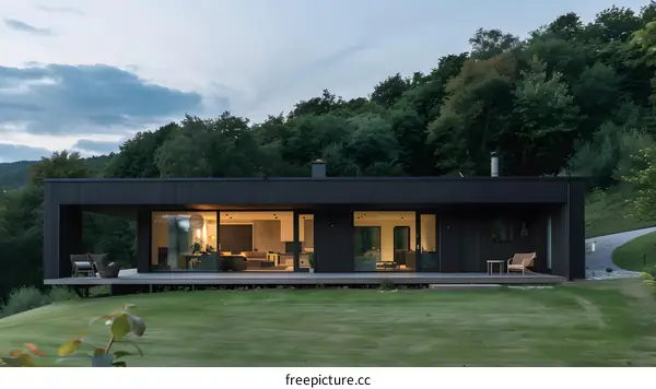 Modern Black House with Large Windows and a Deck