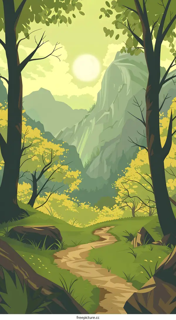 Green Forest Landscape With A Winding Path Through The Woods