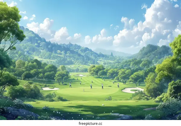 A group of golfers playing golf in a beautiful landscape