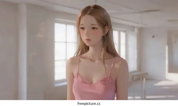 Young woman in pink camisole standing in bright room