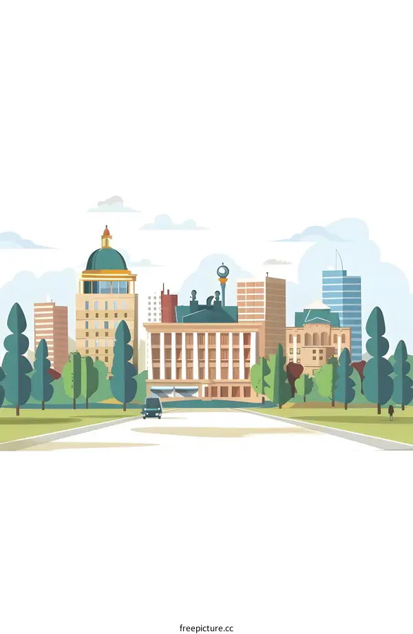 Flat Cityscape Illustration With Building And Trees