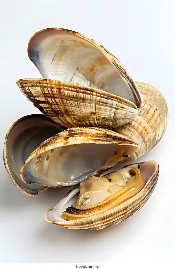 A close-up image of a group of open clams