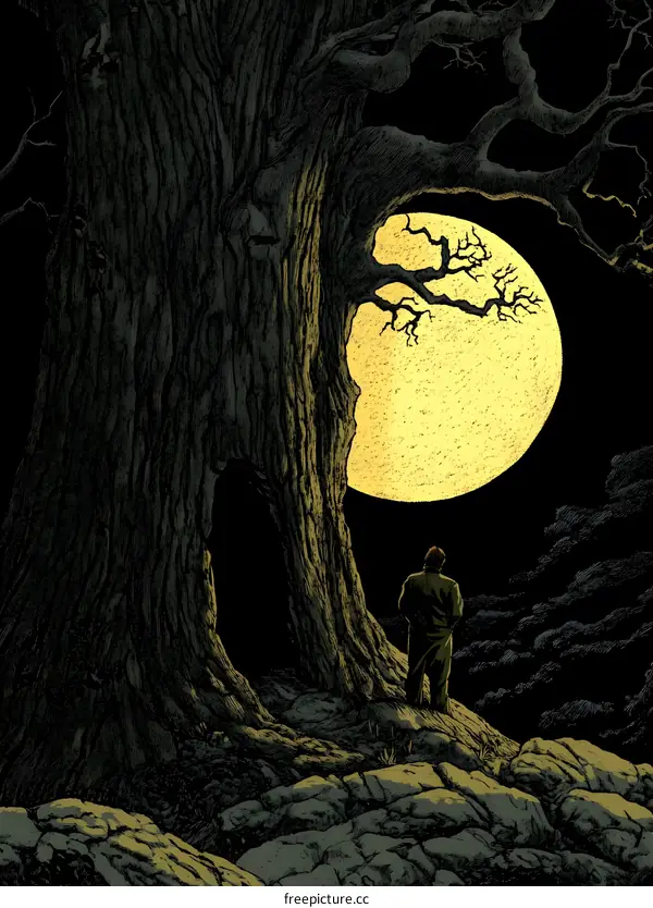 Man Looking at the Moon Under a Large Tree
