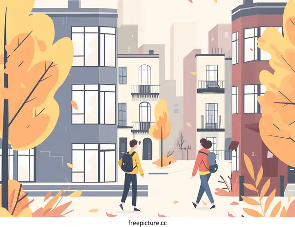 Two People Walking in a City Street with Autumn Trees