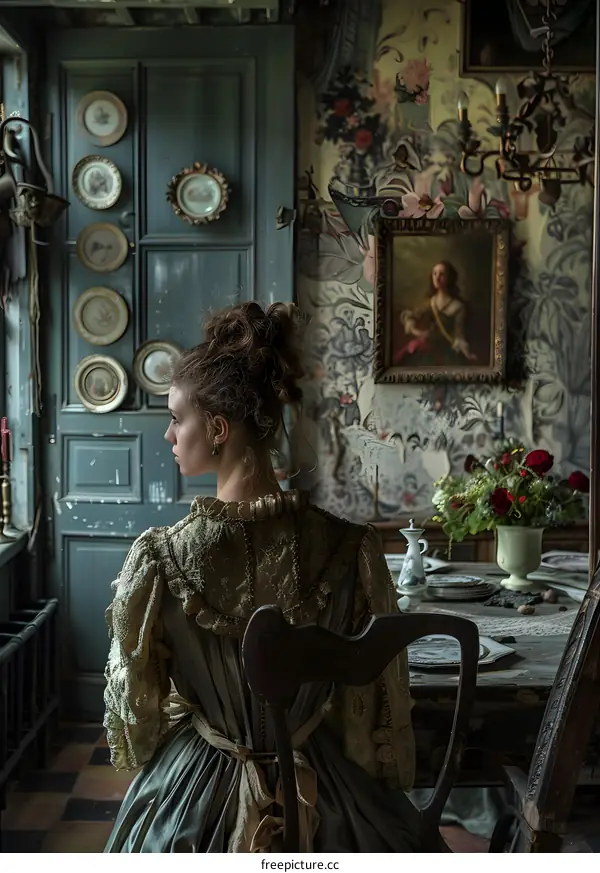 A young woman in a green dress is sitting in a chair in a room with a table and a painting on the wall