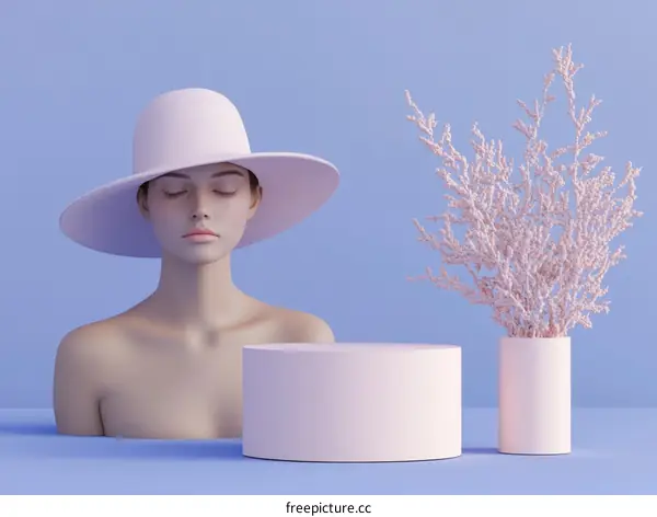 Elegant Woman in a Wide-brimmed Hat with Pink Branches