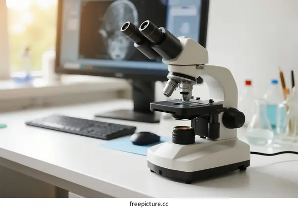 Modern Microscope in Laboratory Setting with Digital Display