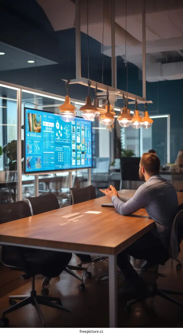 Businessman analyzing company's financial data using interactive digital screen in modern office