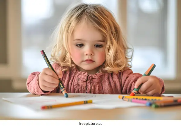 Little Girl Drawing With Crayons