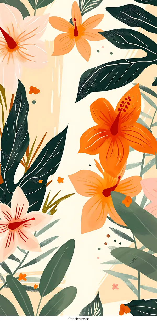 Tropical Floral Illustration with Orange and Pink Flowers