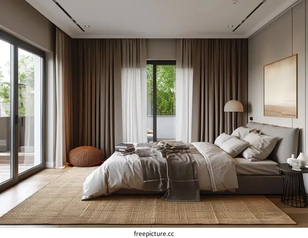 Modern Bedroom Interior Design with Large Windows and a Cozy Bed