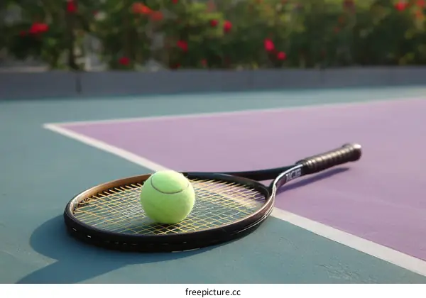 Tennis Racket and Ball on Court