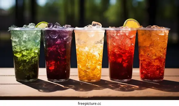 Five colorful plastic cups of iced tea on a wooden table outdoors