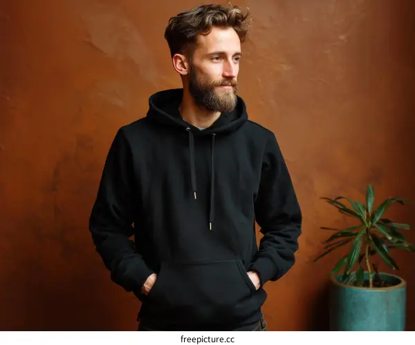 Man in a Black Hoodie Against a Terracotta Wall