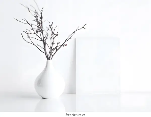 White Vase with Branches and Blank Canvas Mockup