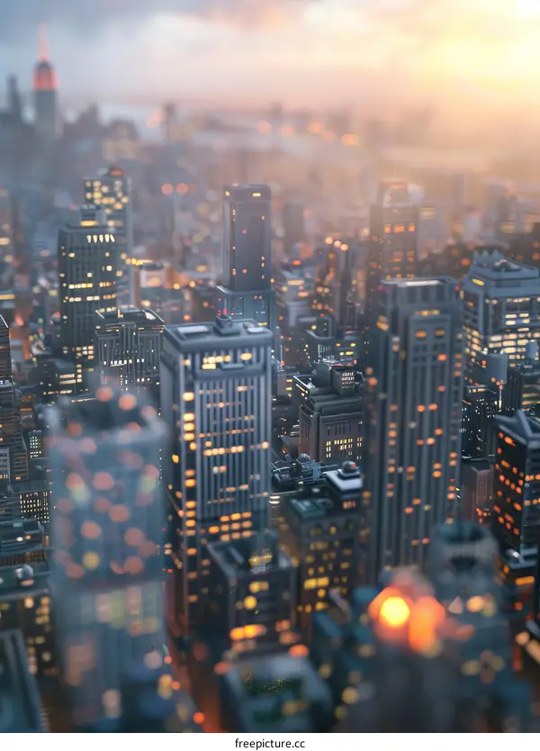 Cityscape of a large metropolis with skyscrapers illuminated by the setting sun