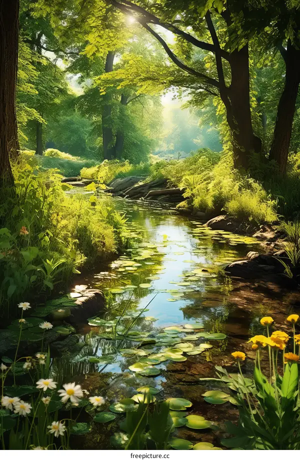 Lush Forest with a Small River Flowing Through