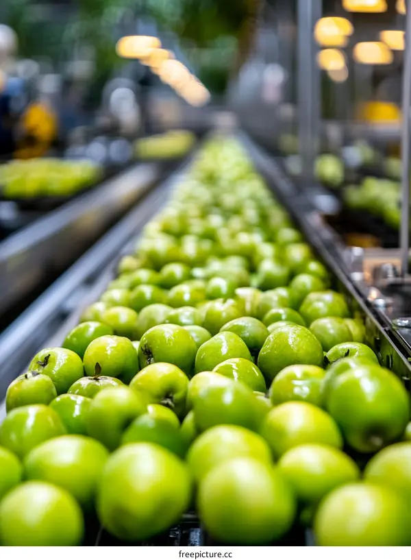 Fresh Green Apples on a Conveyor Belt in a Modern Facility