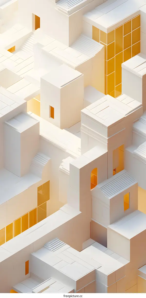 Abstract Architecture with Geometric Shapes and Yellow Glass Windows