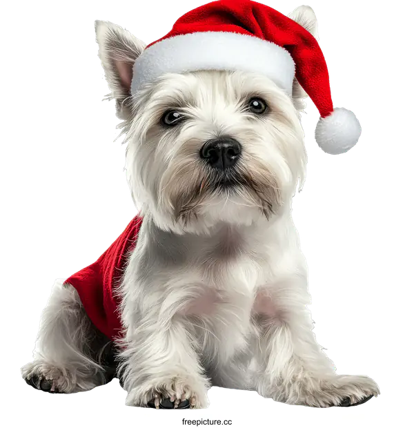 [Transparent Background PNG]Cute White West Highland Terrier Dog in Christmas Hat