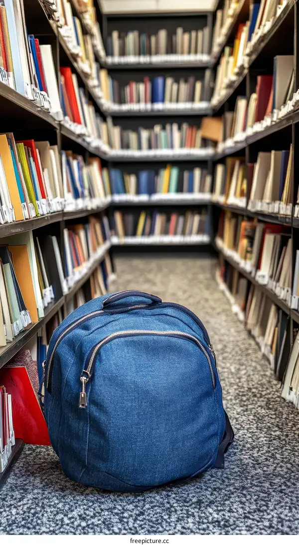 Blue Denim Backpack in a Library with Bookshelves