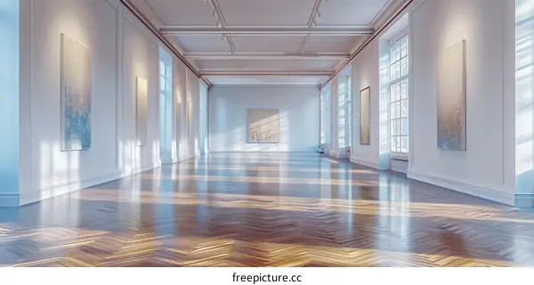 Modern Art Gallery Interior with Wooden Floor and Large Windows