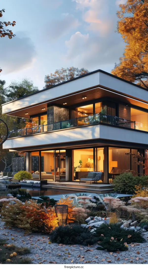 Modern House with Garden, Pond, and Evening Lighting
