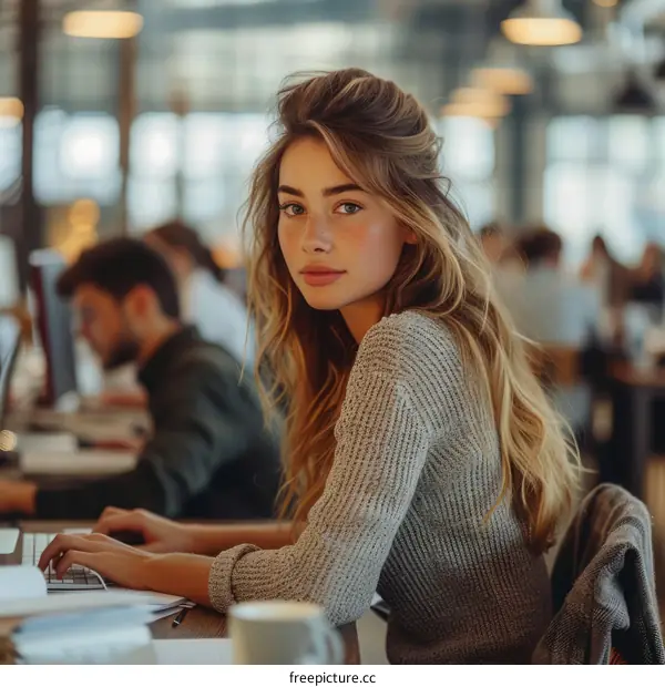 portrait of a beautiful young woman sitting at her desk in an office space