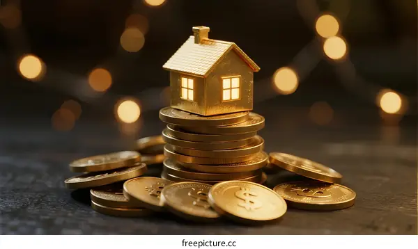 Golden House Model on Stacked Coins for Real Estate Concept